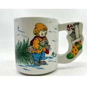 Vintage Winter Christmas Saw Stocking Whimsical Coffee Cup